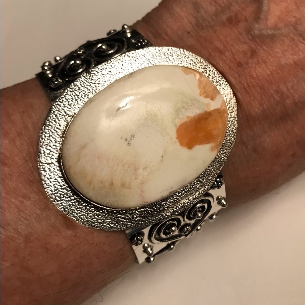 Scolecite Stamped Solid 925 Sterling Silver Cuff Bracelet
